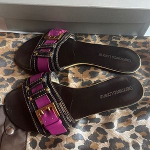 Gianmarco Lorenzi Blue Denim Jean Leather Purple Flat Stud Sandals Shoes Slides‎